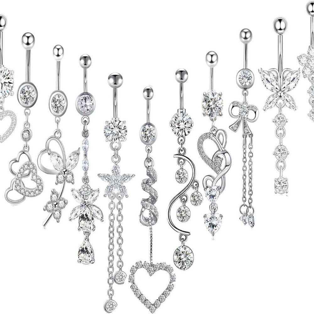 Women Belly Button Rings 14g Surgical Steel Dangle 11pcs Silver Gold Long Jewelr